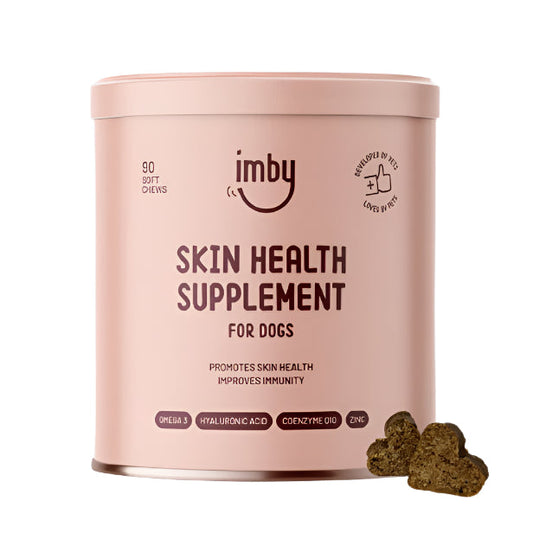 IMBY Skin Health dog product displayed in a clean, bright setting, showcasing its packaging and design features.