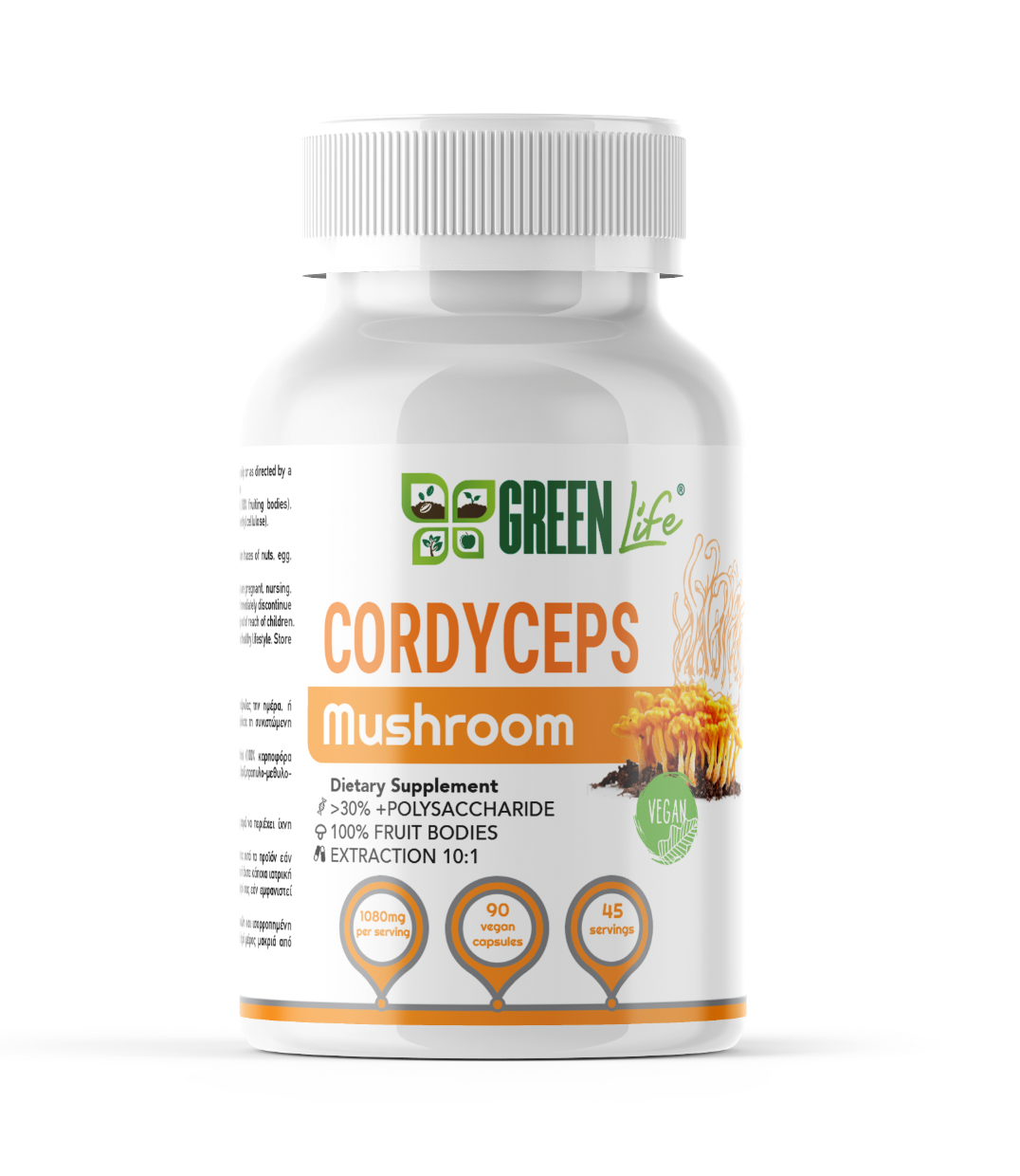 Green Life World Cordyceps mushroom supplement bottle with 90 capsules, supporting energy, endurance, and vitality.