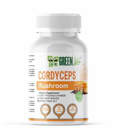 Green Life World Cordyceps mushroom supplement bottle with 90 capsules, supporting energy, endurance, and vitality.