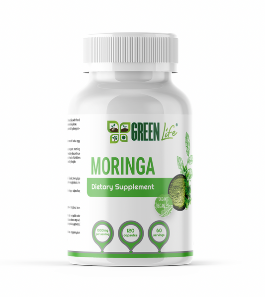 Green Life Moringa herbal supplement capsules from GREEN LIFE WORLD, showing a bottle of organic Moringa capsules on a white background.