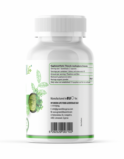Green Life Moringa herbal supplement capsules, pure organic moringa capsules from GREEN LIFE WORLD shown in a clear image.