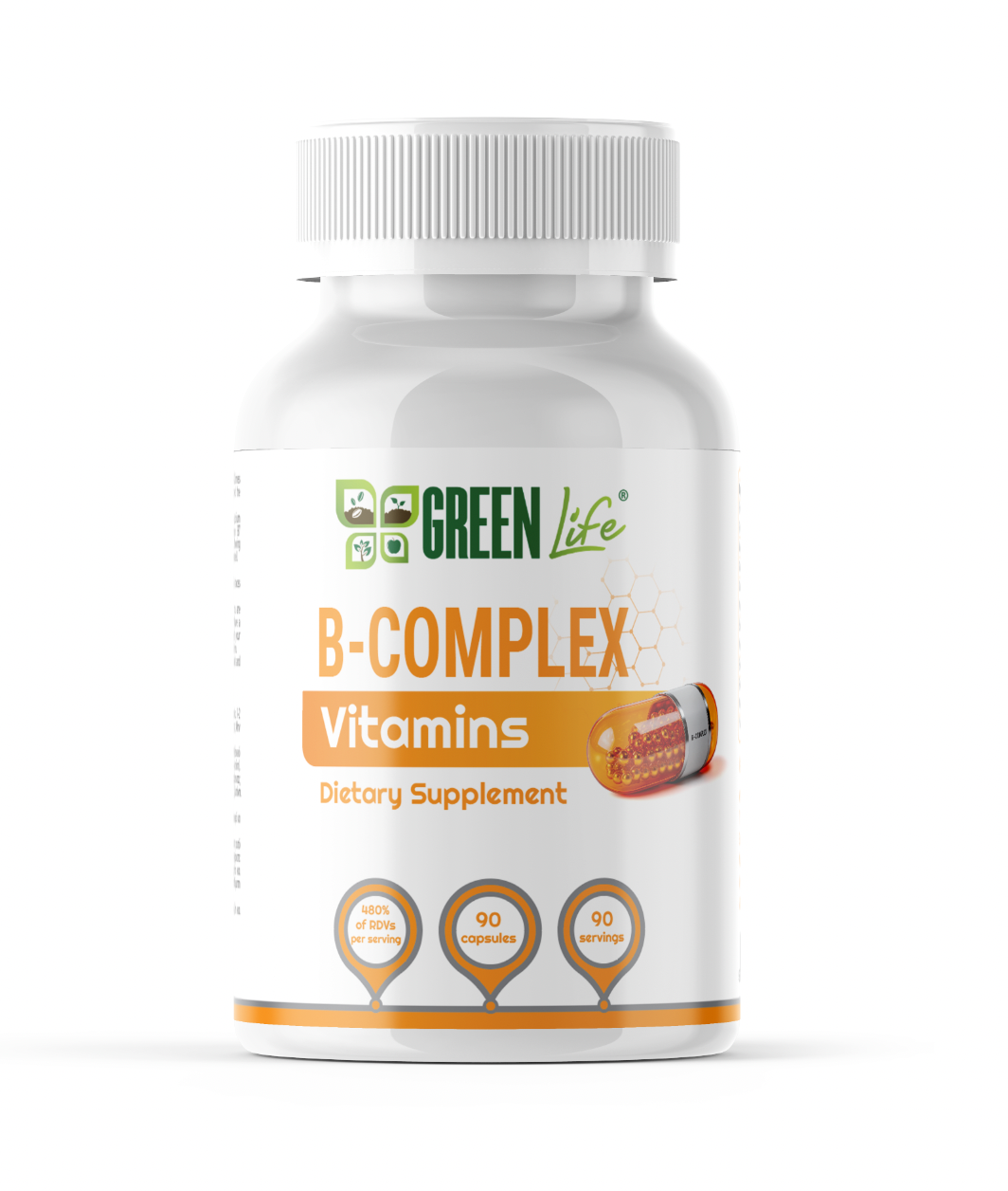 Green Life B-Complex vitamins bottle with 90 capsules, supporting daily energy and vitality, by GREEN LIFE WORLD.