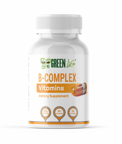 Green Life B-Complex vitamins bottle with 90 capsules, supporting daily energy and vitality, by GREEN LIFE WORLD.