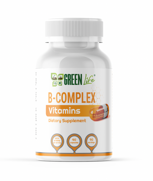 Green Life B-Complex vitamins bottle with 90 capsules, supporting daily energy and vitality, by GREEN LIFE WORLD.