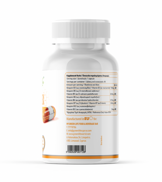 Green Life B-Complex Vitamins bottle with 90 capsules, designed to support daily energy and vitality.