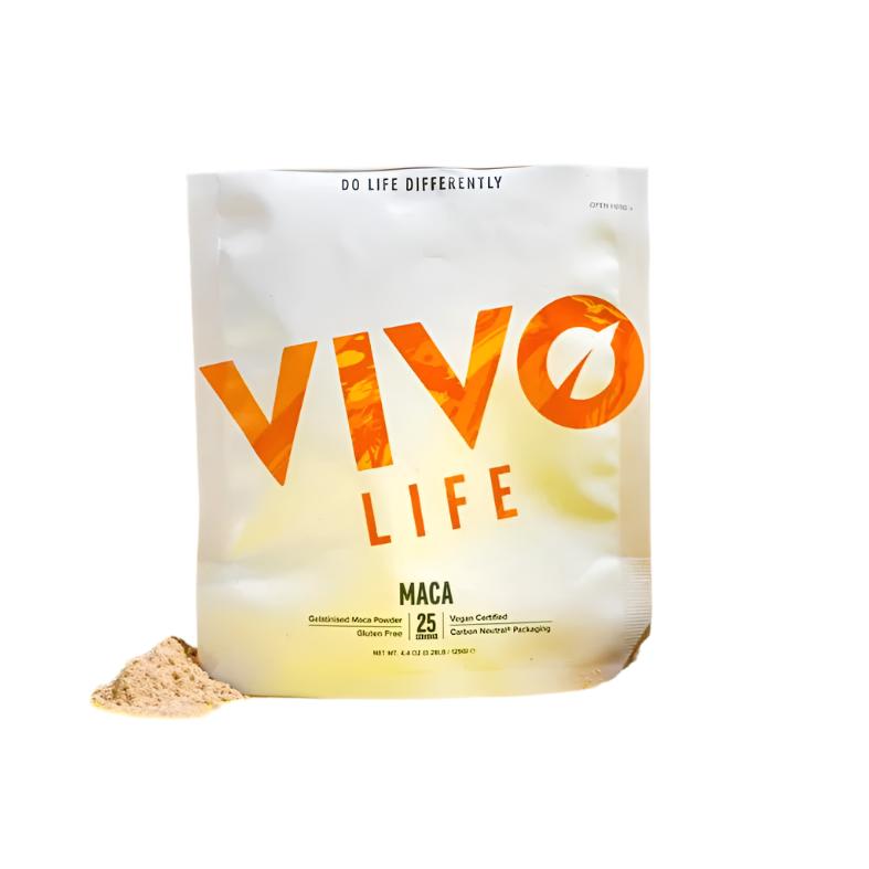 VIVO LIFE MACA Passion & Power supplement powder in a resealable bag, shown on a clean surface.