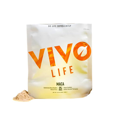 VIVO LIFE MACA Passion & Power supplement powder in a resealable bag, shown on a clean surface.