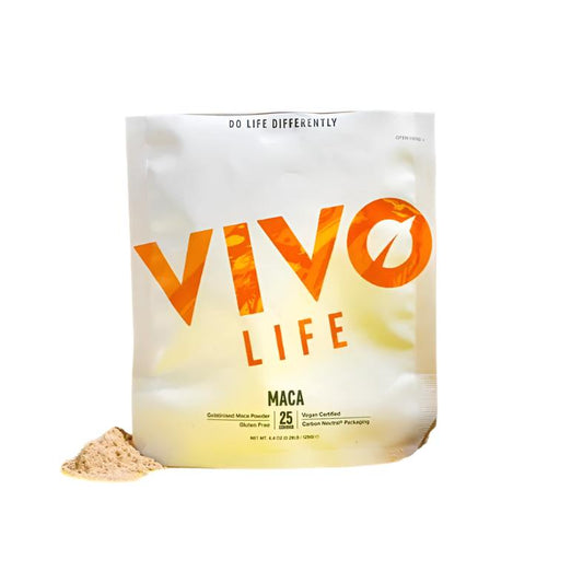 VIVO LIFE MACA Passion & Power supplement powder in a resealable bag, shown on a clean surface.