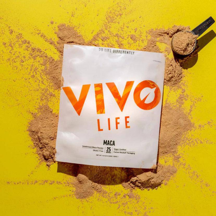 VIVO LIFE MACA Passion & Power supplement in a jar, showing the vibrant packaging of the maca powder product.