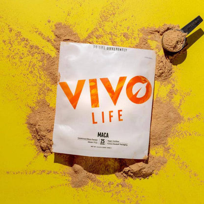 VIVO LIFE MACA Passion & Power supplement in a jar, showing the vibrant packaging of the maca powder product.