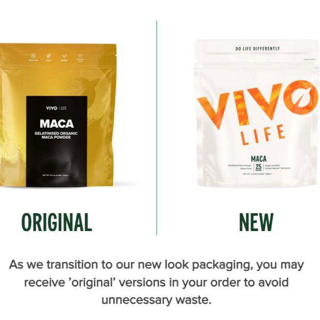 VIVO LIFE MACA Passion & Power supplement package with colorful labeling and product details on the front.