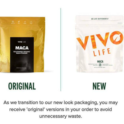 VIVO LIFE MACA Passion & Power supplement package with colorful labeling and product details on the front.