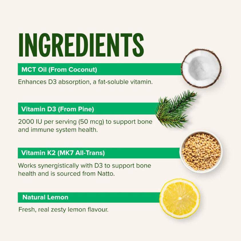 Vivo Life Vitamin D3 with K2 plant-based supplement bottle and label, featuring natural ingredients and supplement information.