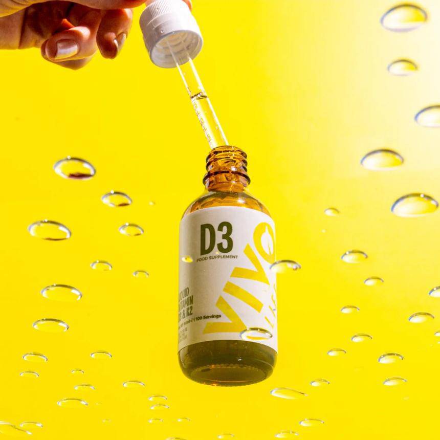 Vivo Life Vitamin D3 with K2 plant-based supplement bottle, showing label and capsules on a white background