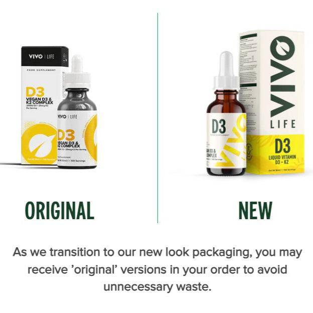 Vivo Life Vitamin D3 with K2 plant-based supplement bottle and label showing supplement details and logo.