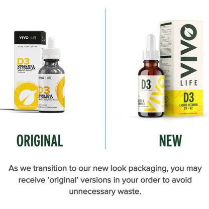 Vivo Life Vitamin D3 with K2 plant-based supplement bottle and label showing supplement details and logo.