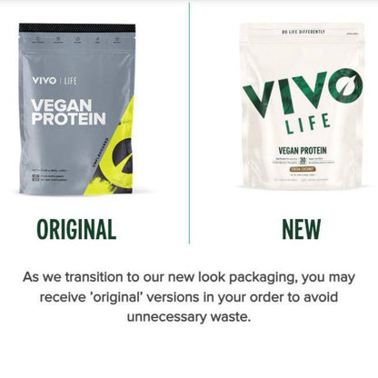 Vivo Life plant-based protein powder container with 30 servings, featuring a sleek label and vibrant branding.