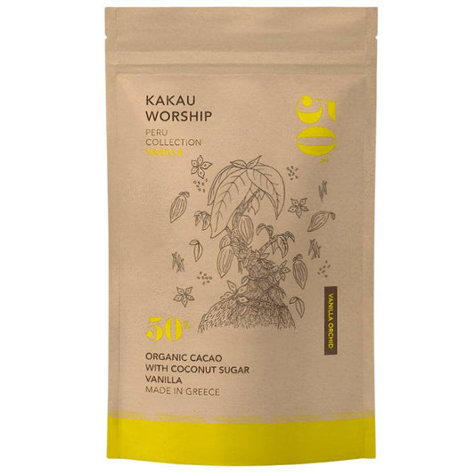 Kakau Worship Vanilla Orchid and Vanilla Chocolate drink chocolate powder in a 150g package, with packaging and branding visible.