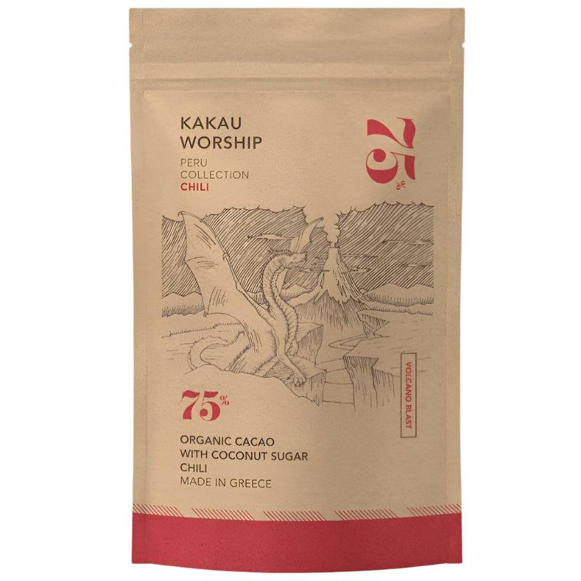 Kakau Worship Volcano Blast chili chocolate drink in 150g package, rich chocolate with spicy chili flavor, vibrant product packaging.