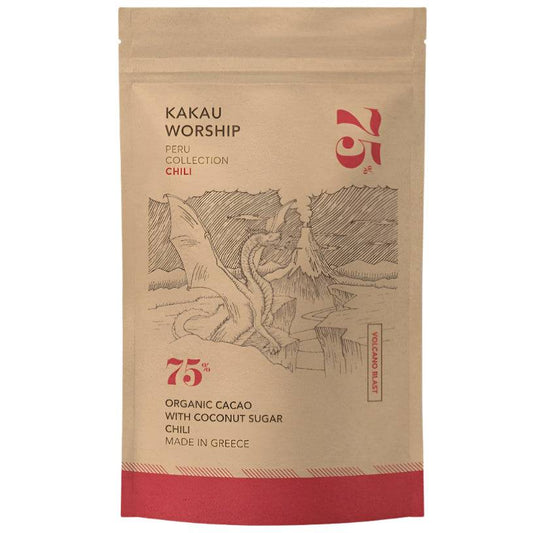 Kakau Worship Volcano Blast chili chocolate drink in 150g package, rich chocolate with spicy chili flavor, vibrant product packaging.