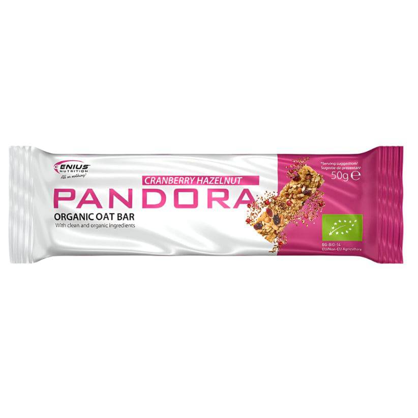 Genius Nutrition PANDORA OAT BAR 50g with hazelnuts and cranberries, energy snack in packaging, close-up view.