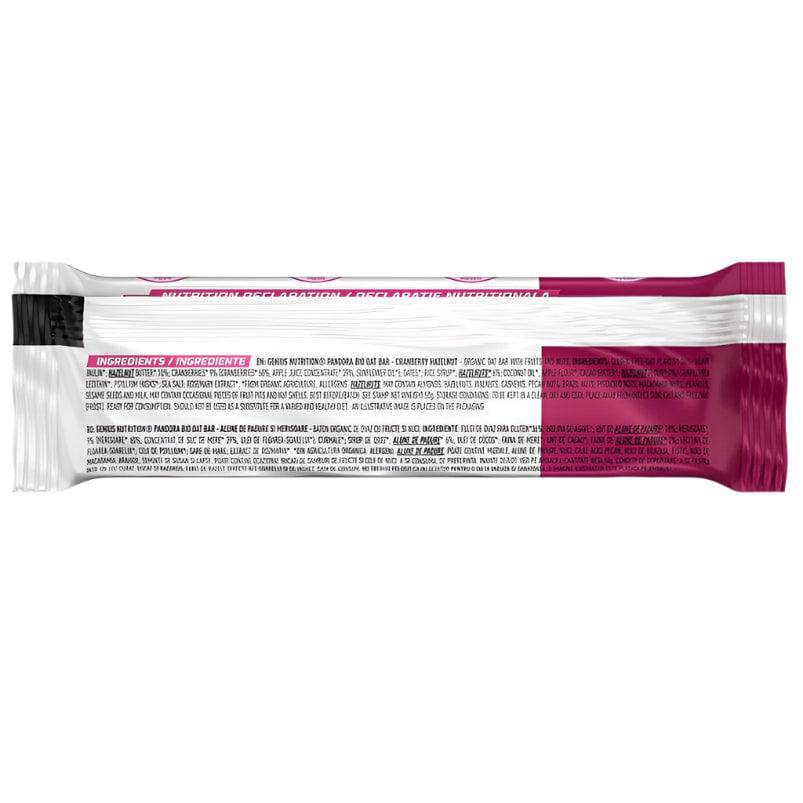 Genius Nutrition PANDORA oat bar with hazelnuts and cranberries, 50g energy snack in a colorful packaging.