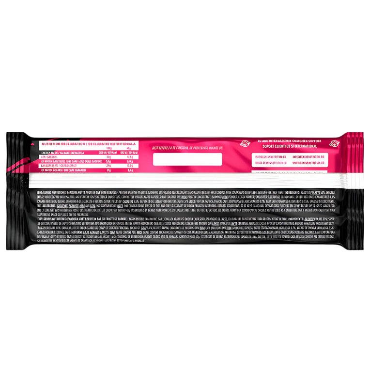 Genius Nutrition Pandora Nutty Protein Bar with berries, 40g, energy snack featuring nuts and fruit in a wrapper.