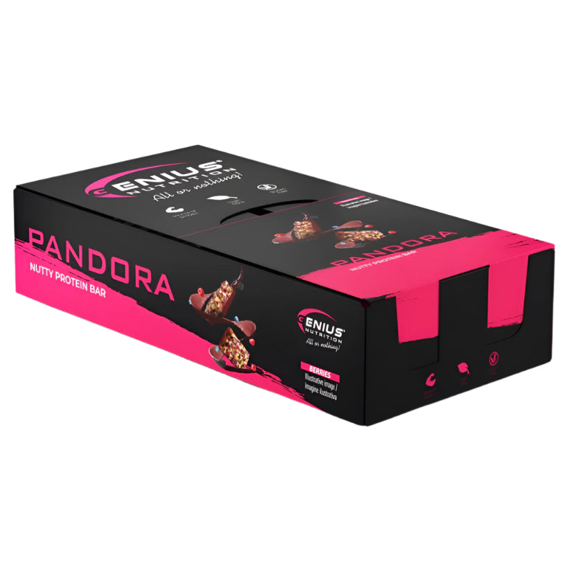 Genius Nutrition PANDORA Nutty Protein Bar with berries, energy snack, 40g, showing the bar with nuts and berry bits.