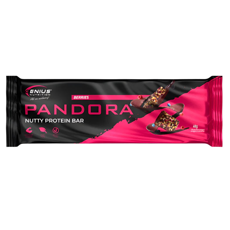 Genius Nutrition PANDORA Nutty Protein Bar with Berries, 40g, energy snack featuring nuts and berry flavor.