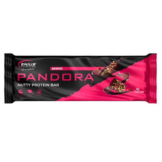 Genius Nutrition PANDORA Nutty Protein Bar with Berries, 40g, energy snack featuring nuts and berry flavor.