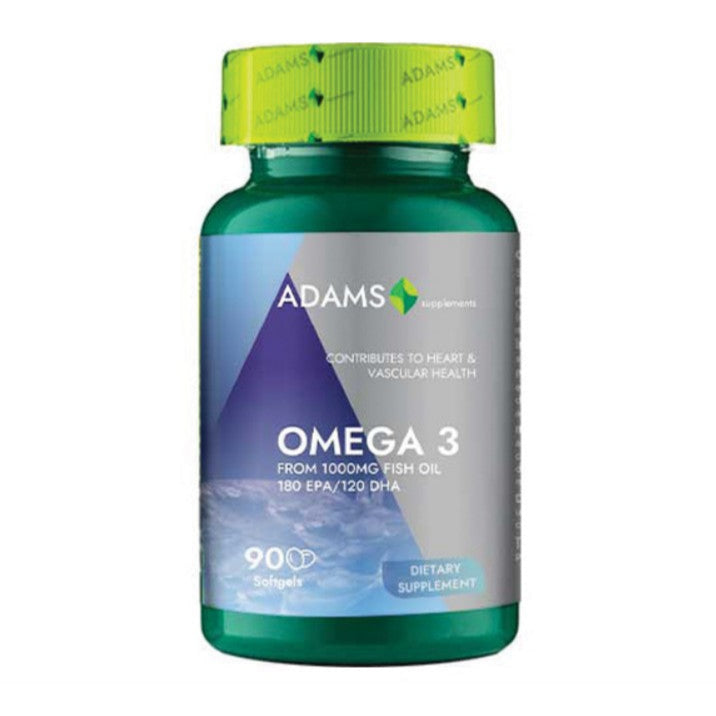 Adams Supplements Omega 3, 1000mg capsules in a bottle with a clear label, showing 90 capsules inside.