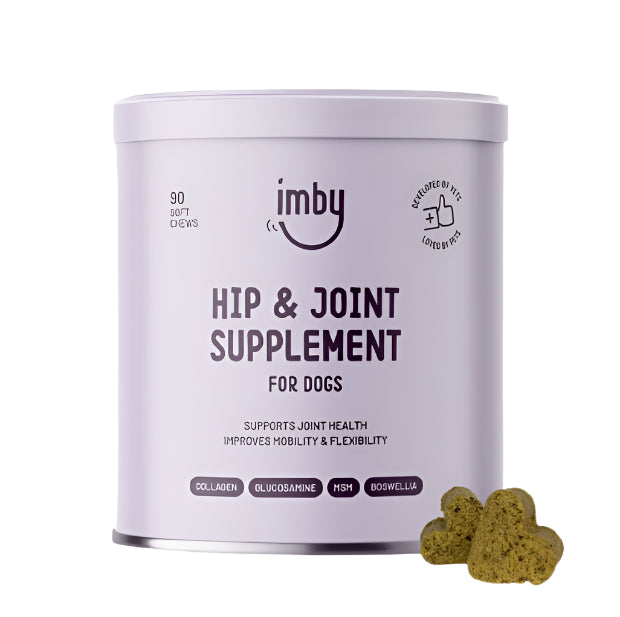 IMBY Hip & Joint supplement for dogs, showing a bottle with tablets and a happy, active dog on the label.