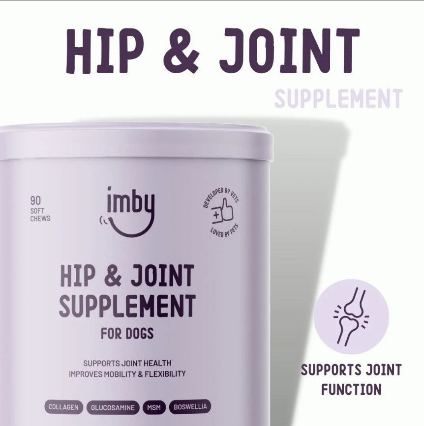 IMBY Hip & Joint dog supplement bottle with label, featuring natural ingredients and product branding on a white background.