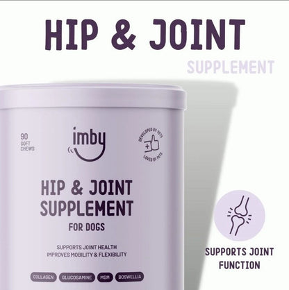 IMBY Hip & Joint dog supplement bottle with label, featuring natural ingredients and product branding on a white background.