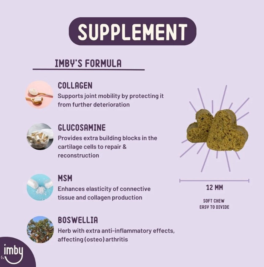 IMBY Hip & Joint dog supplement in a bottle, showing capsules and label for canine joint support.