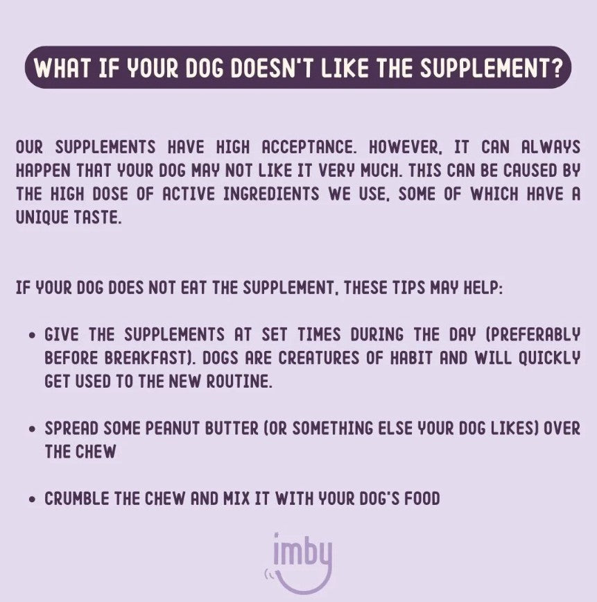IMBY Hip & Joint dog supplement bottle with label, showing the product designed to support canine hip and joint health.