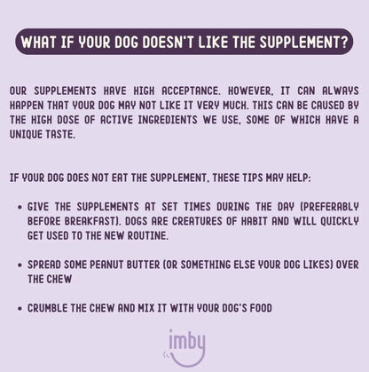 IMBY Hip & Joint dog supplement bottle with label, showing the product designed to support canine hip and joint health.