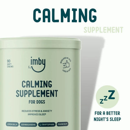 IMBY Calming dog product featuring a calming formula with soothing ingredients, displayed in a clean, appealing packaging.