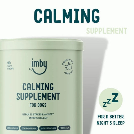 IMBY Calming dog product featuring a calming formula with soothing ingredients, displayed in a clean, appealing packaging.