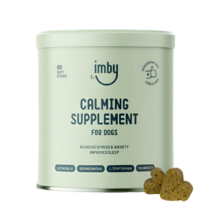 IMBY Calming dog product packaging featuring soothing ingredients and a serene design for pet relaxation.