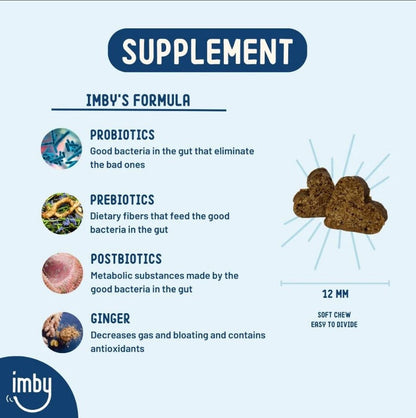 IMBY probiotics for dogs, showing the supplement bottle with label and dosage instructions on a clean surface.