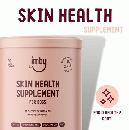 IMBY Skin Health dog product in a tub, featuring a label with ingredients and a textured cream inside.