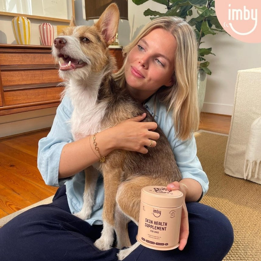 IMBY Skin Health product for dogs, featuring a bottle with a label and a dog silhouette in a natural setting.