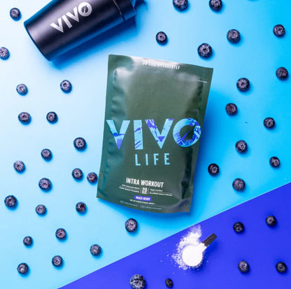 VIVO LIFE Intra-Workout supplement container with 20 servings, featuring vibrant label design and nutritional information.