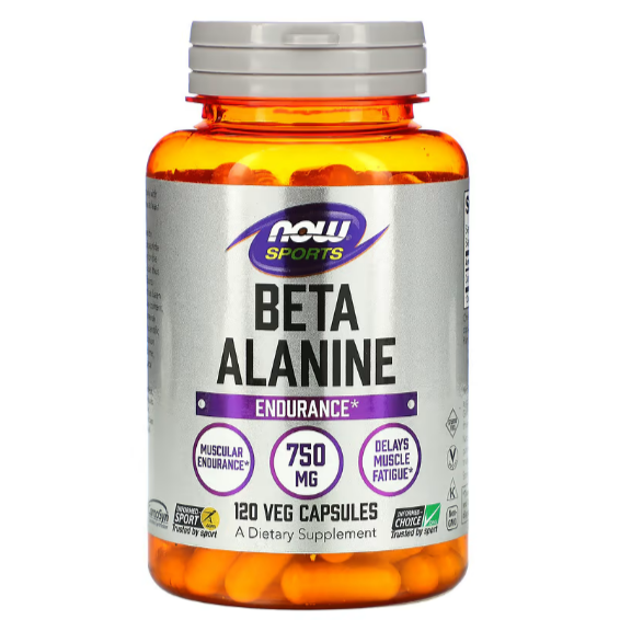 NOW Foods Sports Beta-Alanine supplement bottle with 120 vegan capsules, used to enhance endurance and athletic performance.