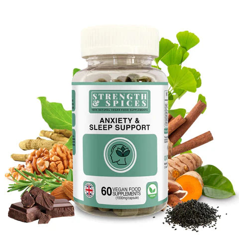 Bottle of Strength & Spices Anxiety & Sleep Support supplement, 1000mg, 60 capsules, with herbal spice blend for relaxation and rest.