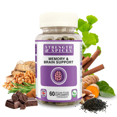 Memory and brain support supplement by Strength & Spices, 1000mg, 60 capsules, showing the bottle with capsules and label.