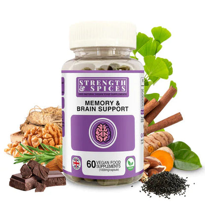 Memory and brain support supplement by Strength & Spices, 1000mg, 60 capsules, showing the bottle with capsules and label.