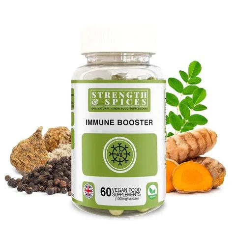 Bottle of Strength & Spices immune booster supplement with 60 capsules, 1000mg strength, and spice ingredients in clear container
