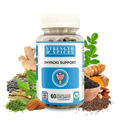 Bottle of Strength & Spices thyroid support supplement with 60 capsules, featuring natural herbs and spices for thyroid health.
